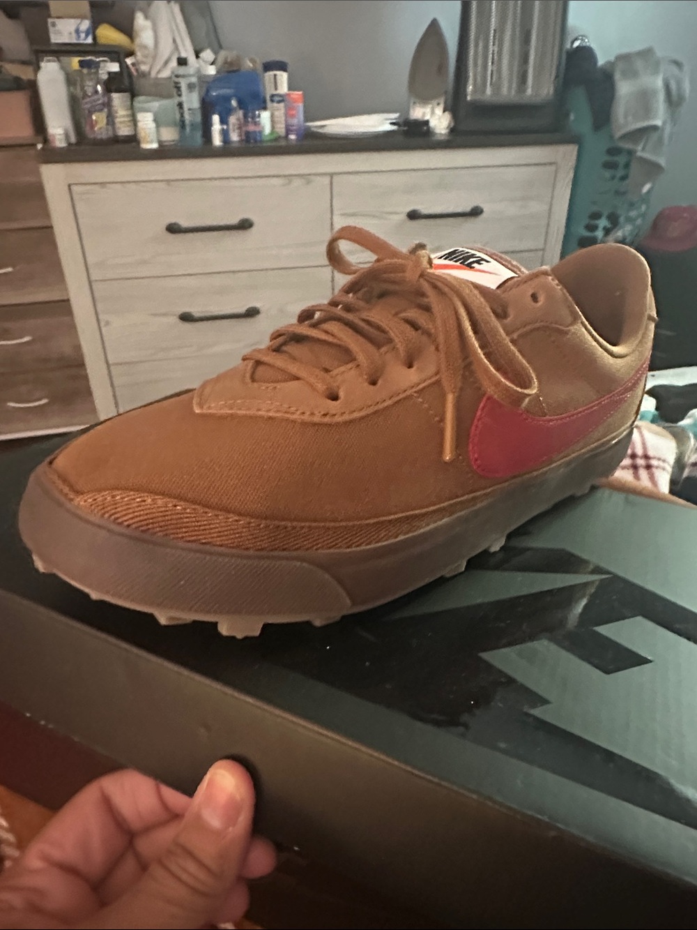 Nike Brown Low-Top Sneaker with Red Swoosh